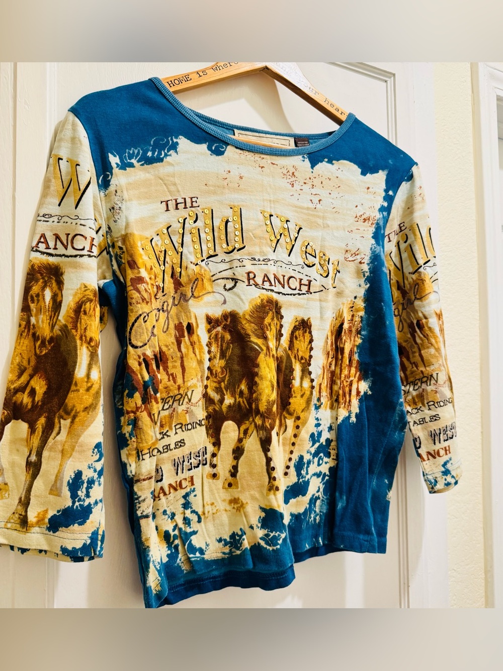 Bejeweled Wild West Horse Shirt Medium Rhinestone Western Y2K Graphic Top
